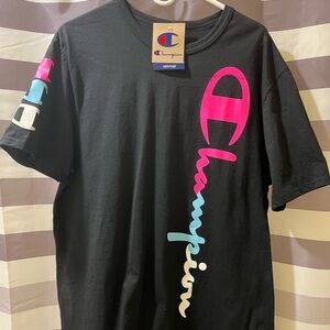 Champion Black Tee with Pink and Blue Logo